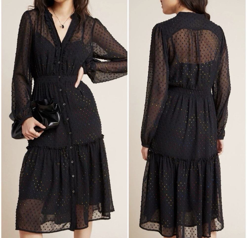 Anthropologie Size 4 Audrey Black Chiffon Rainbow Clip Dot Midi Dress Cover Up
